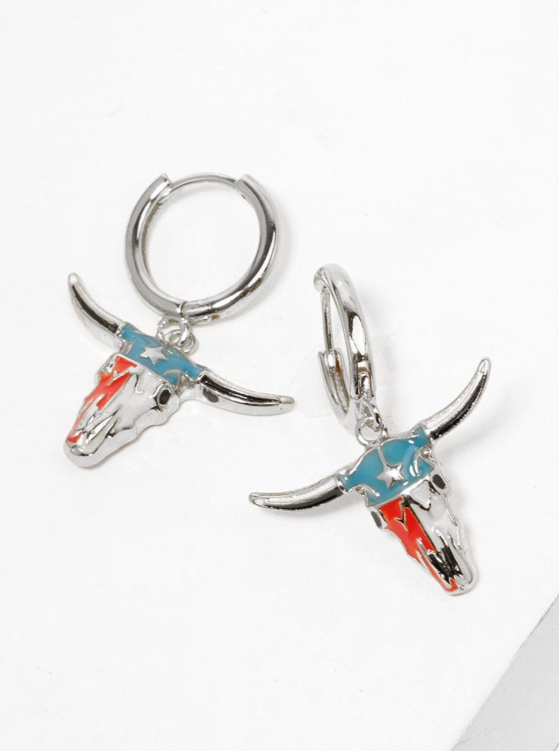 White Gold Dipped Enamel Filled Bull Head Drop 12mm Huggie Hoop Earrings