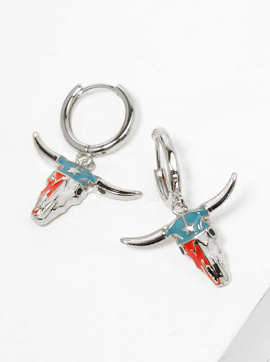 White Gold Dipped Enamel Filled Bull Head Drop 12mm Huggie Hoop Earrings