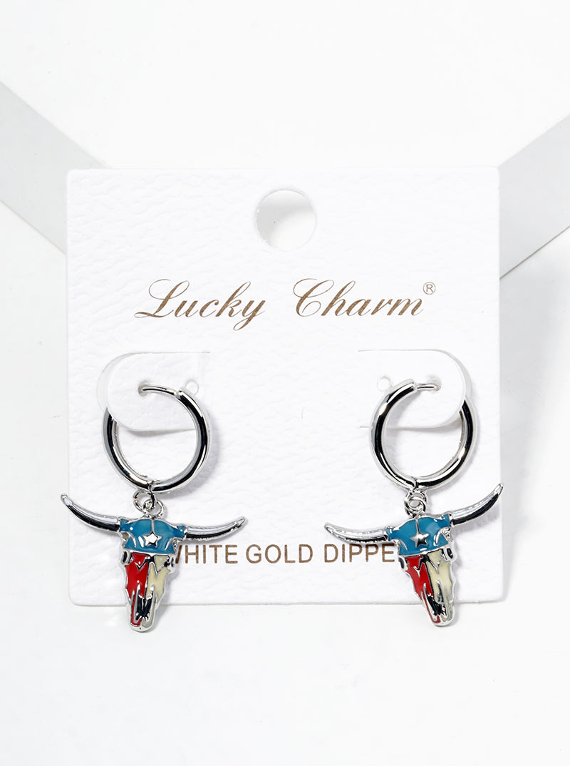 White Gold Dipped Enamel Filled Bull Head Drop 12mm Huggie Hoop Earrings