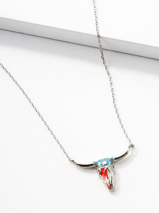 White Gold Dipped Enamel Filled Bull Head Pendant Necklace