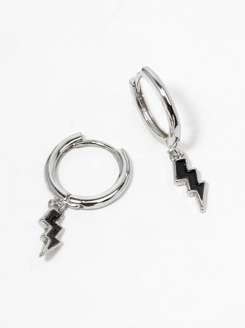 White Gold Dipped Enamel Filled Lightning Drop 10mm Huggie Hoop Earrings