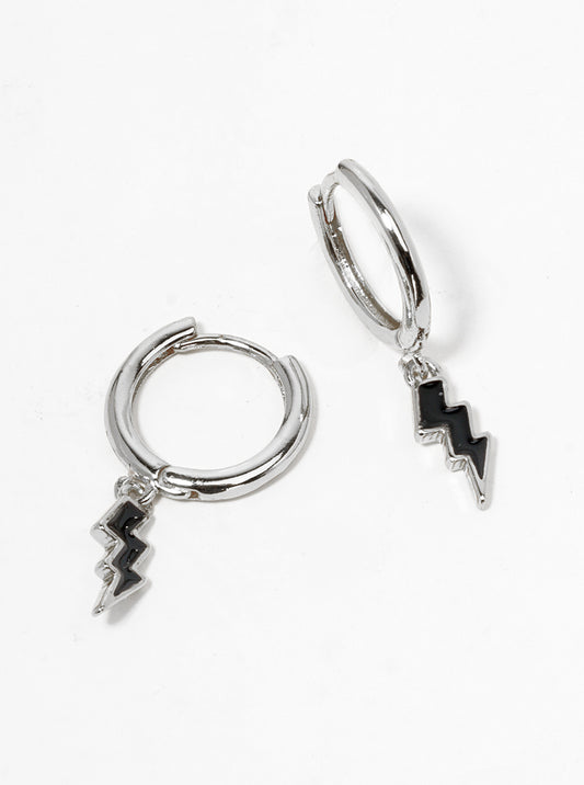 White Gold Dipped Enamel Filled Lightning Drop 10mm Huggie Hoop Earrings