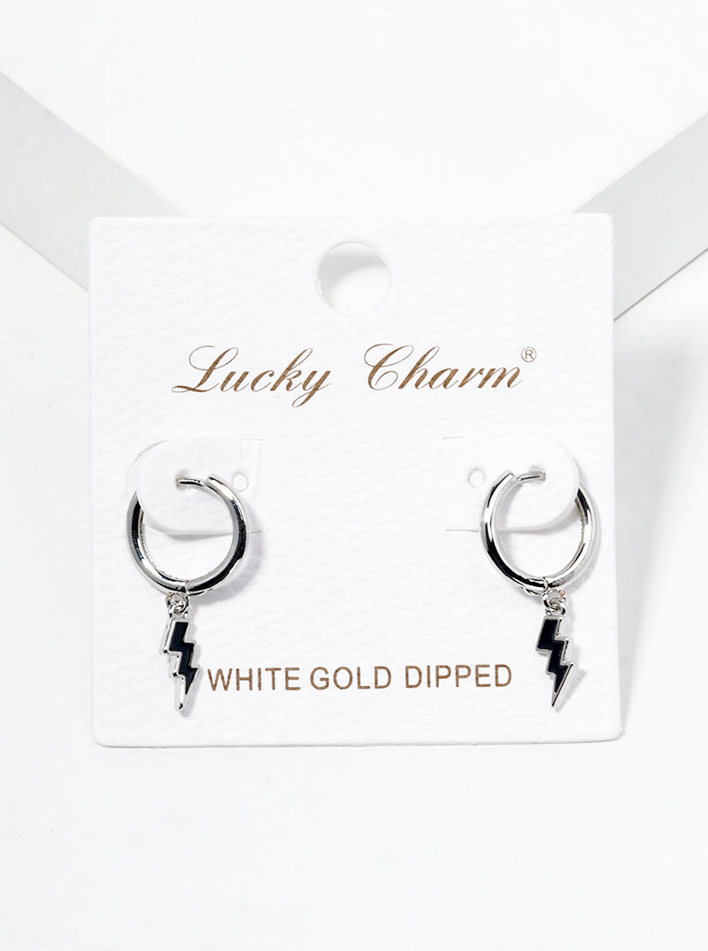 White Gold Dipped Enamel Filled Lightning Drop 10mm Huggie Hoop Earrings