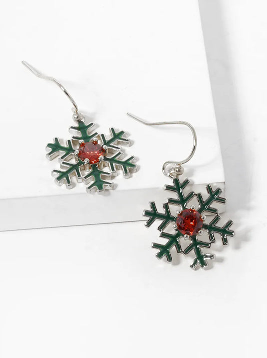 White Gold Dipped Enamel Filled Snowflake Dangle Earrings