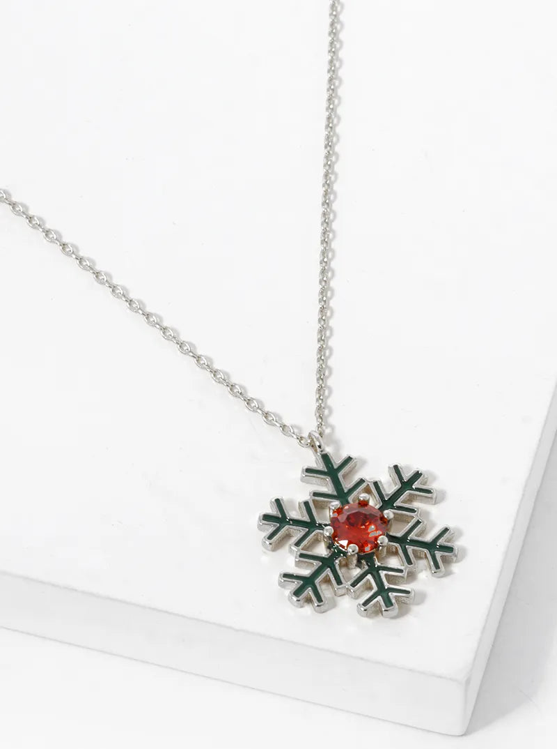White Gold Dipped Enamel Filled Snowflake Pendant Necklace