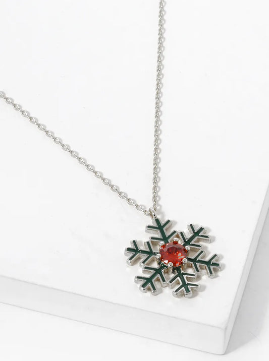 White Gold Dipped Enamel Filled Snowflake Pendant Necklace
