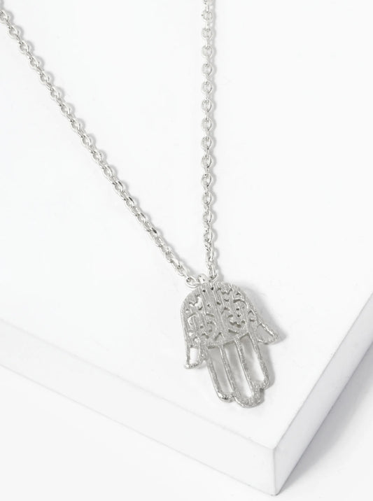 White Gold Dipped Filigree Hamsa Pendant Necklace