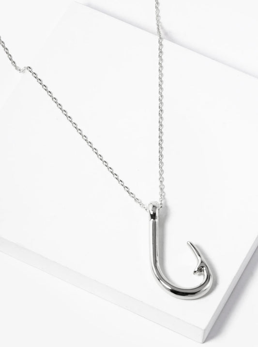 White Gold Dipped Fishing Hook Pendant Necklace