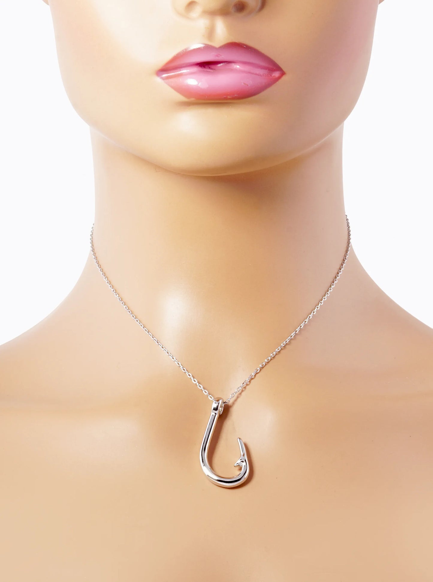 White Gold Dipped Fishing Hook Pendant Necklace