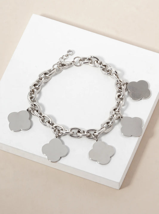 White Gold Dipped Five Brass Quatrefoil Charms Chain Bracelet