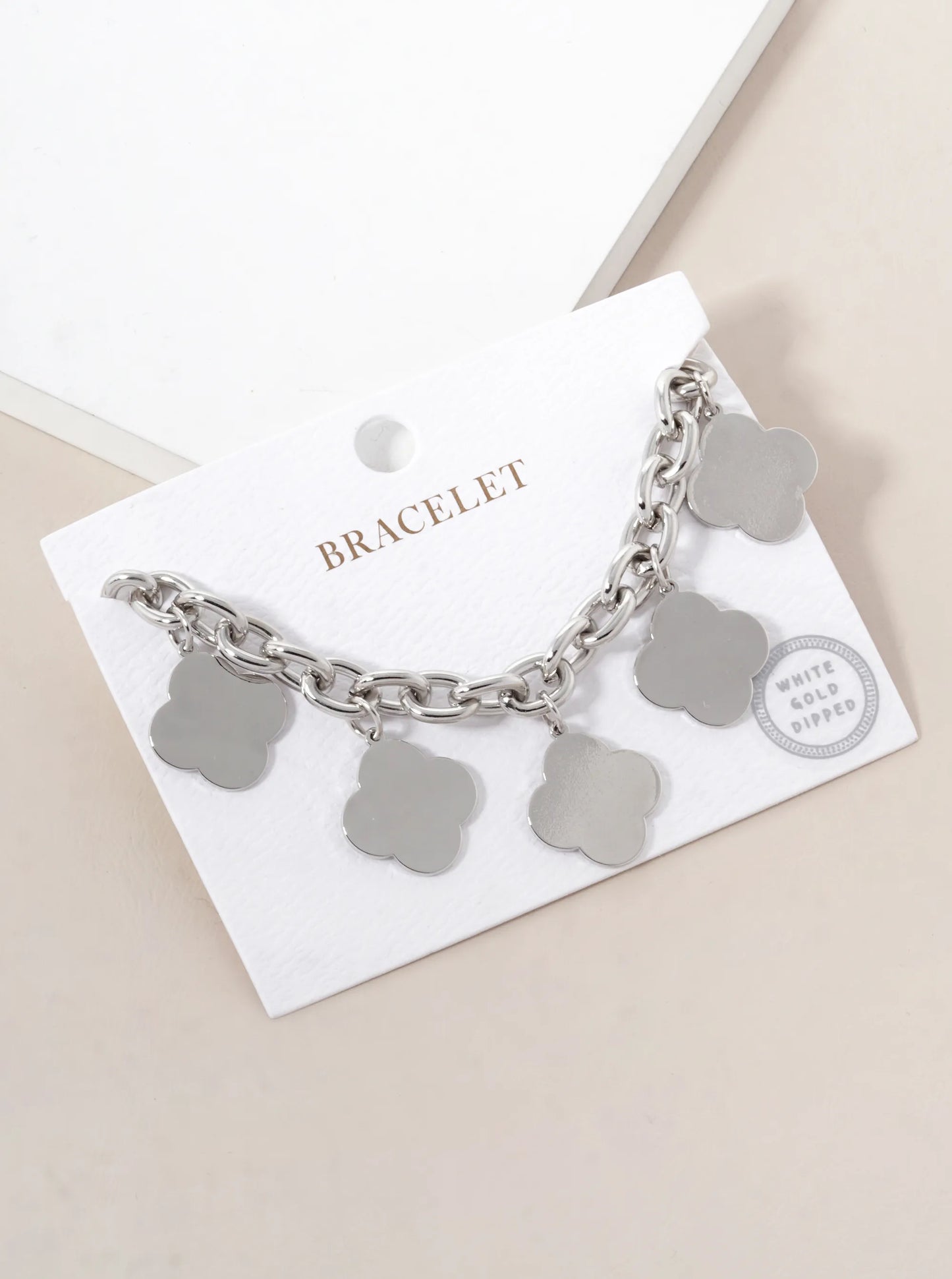 White Gold Dipped Five Brass Quatrefoil Charms Chain Bracelet