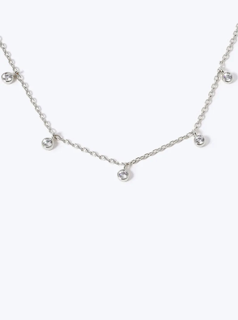 White Gold Dipped Five Dainty CZ Stones Drop Station Necklace