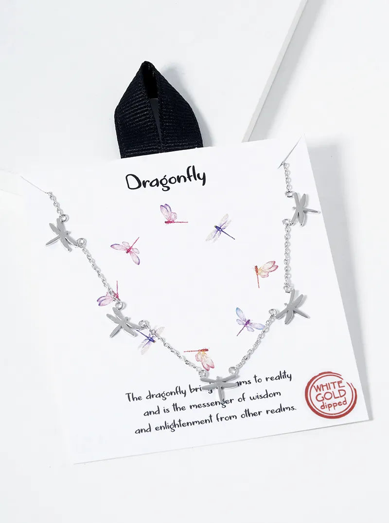 White Gold Dipped Five Dragonflies Station Necklace