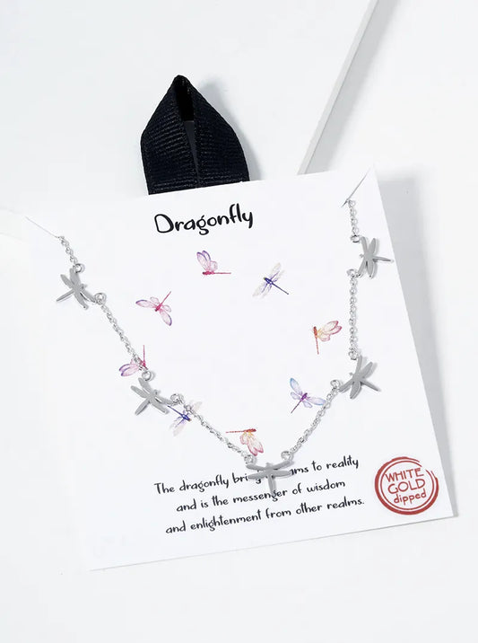 White Gold Dipped Five Dragonflies Station Necklace