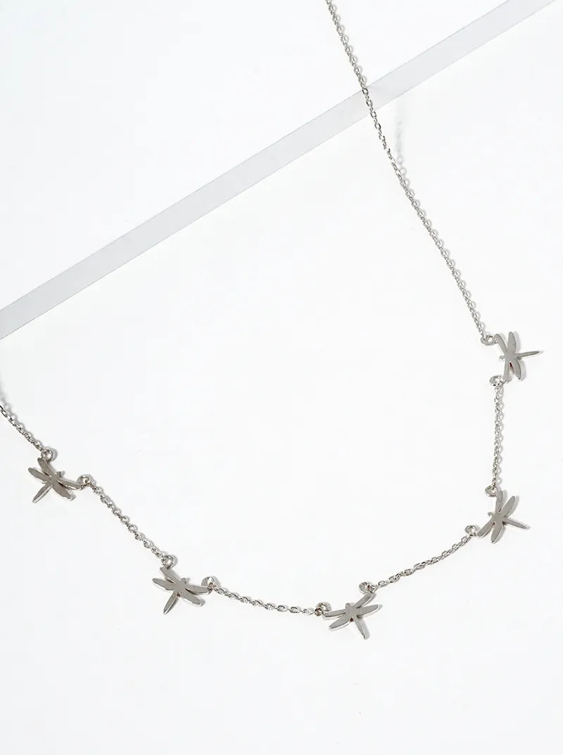 White Gold Dipped Five Dragonflies Station Necklace