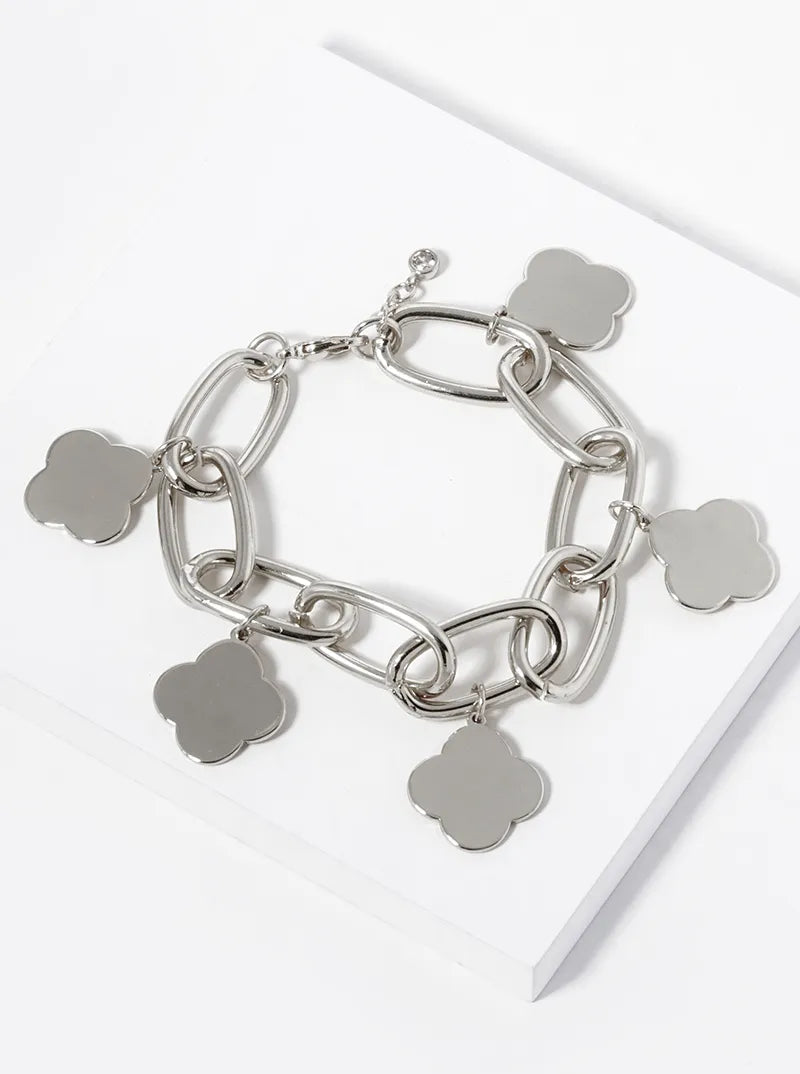 White Gold Dipped Five Quatrefoil Charms Chain Bracelet