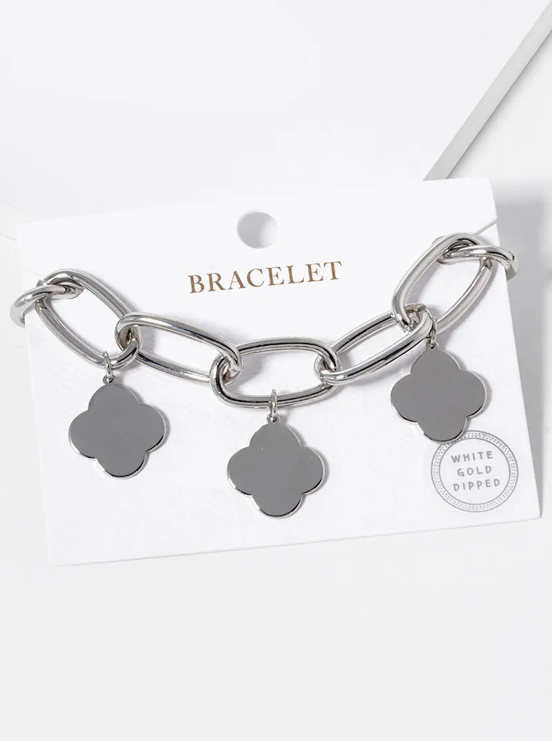 White Gold Dipped Five Quatrefoil Charms Chain Bracelet