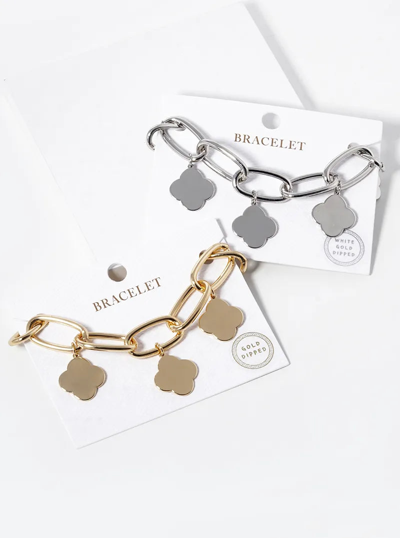 White Gold Dipped Five Quatrefoil Charms Chain Bracelet