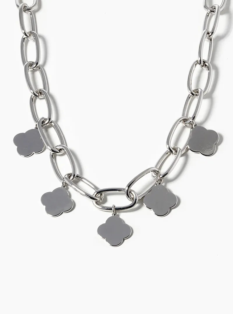 White Gold Dipped Five Quatrefoil Pendant Chain Necklace