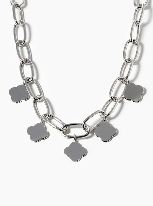 White Gold Dipped Five Quatrefoil Pendant Chain Necklace