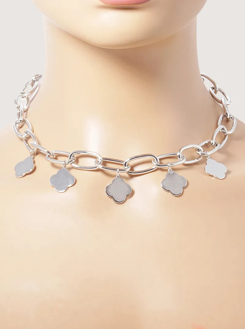 White Gold Dipped Five Quatrefoil Pendant Chain Necklace