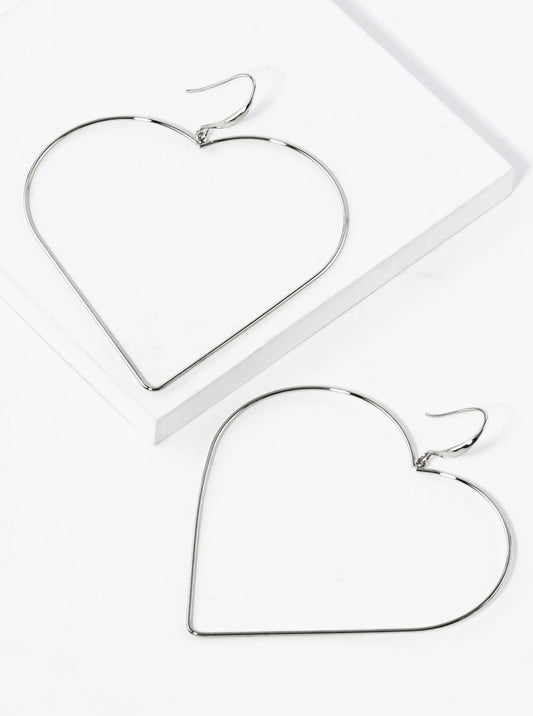 White Gold Dipped Giant Wire Heart Drop Lightweight Earrings