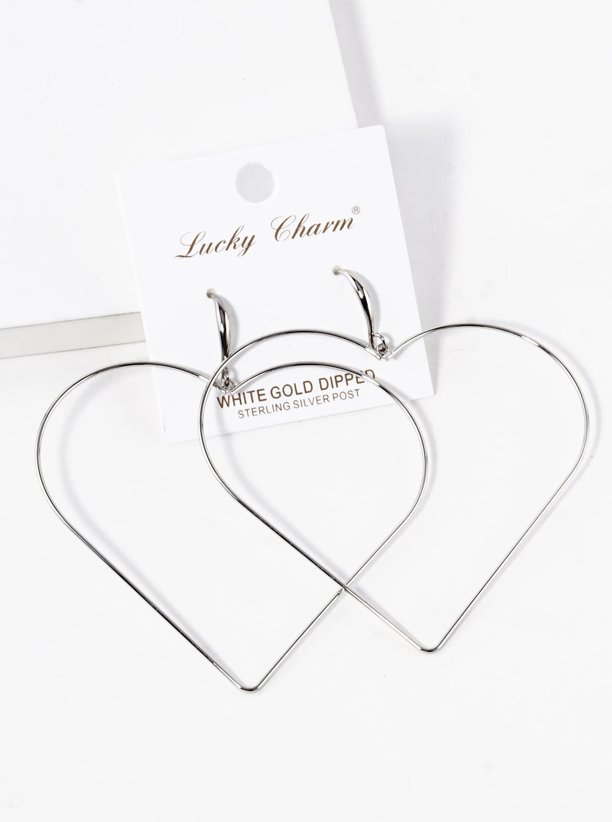 White Gold Dipped Giant Wire Heart Drop Lightweight Earrings