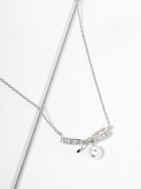 White Gold Dipped Glass Pearl CZ Pave Ribbon Bow Pendant Necklace