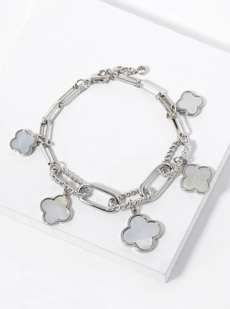 White Gold Dipped Graduated Five Quatrefoil Charms Link Chain Bracelet