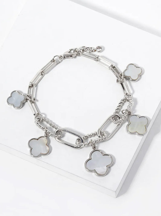 White Gold Dipped Graduated Five Quatrefoil Charms Link Chain Bracelet