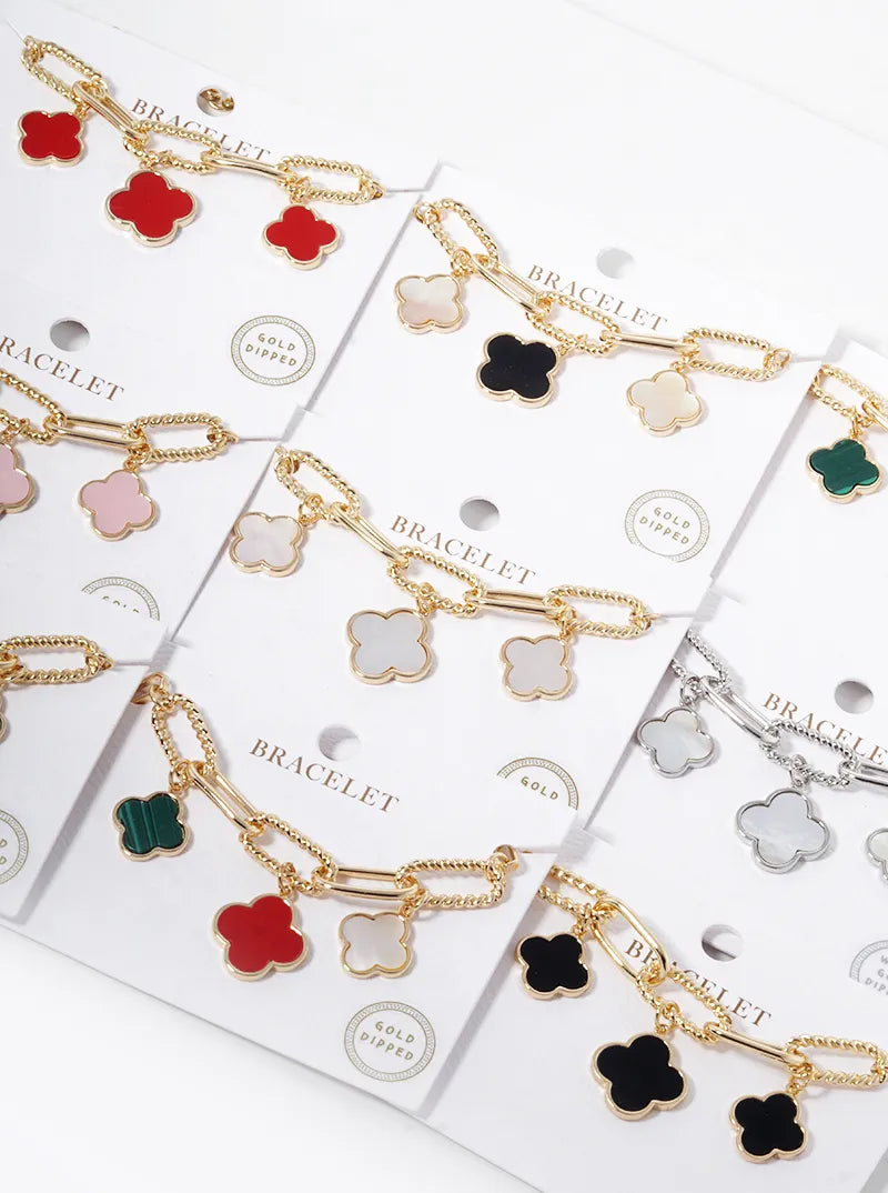 White Gold Dipped Graduated Five Quatrefoil Charms Link Chain Bracelet