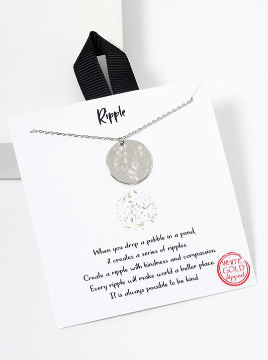 White Gold Dipped Hammer Textured Disc Pendant Necklace