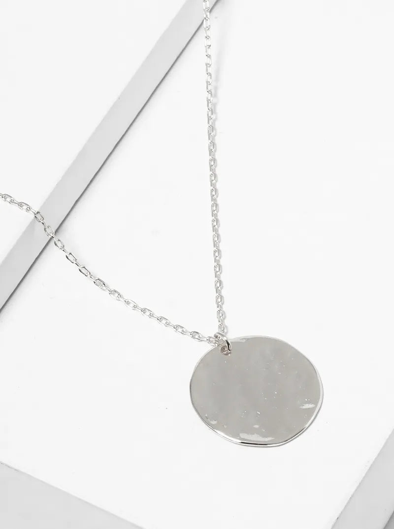 White Gold Dipped Hammer Textured Disc Pendant Necklace