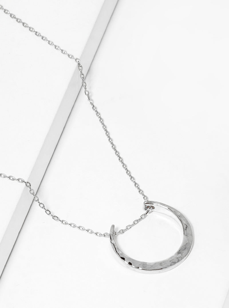 White Gold Dipped Hammered Crescent Moon Pendant Necklace