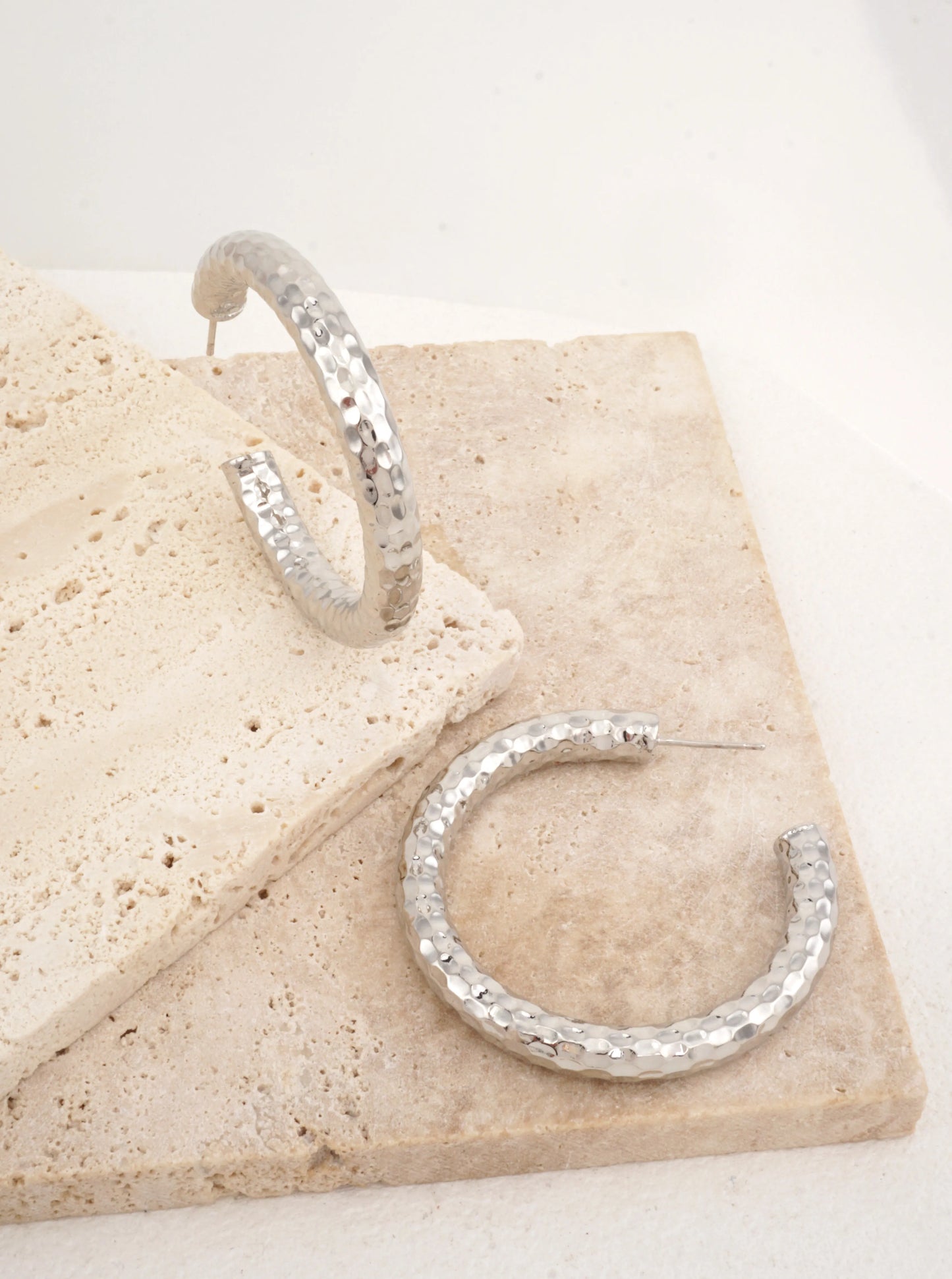 White Gold Dipped Hammered Open Hoop Earrings