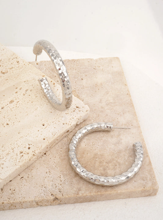 White Gold Dipped Hammered Open Hoop Earrings