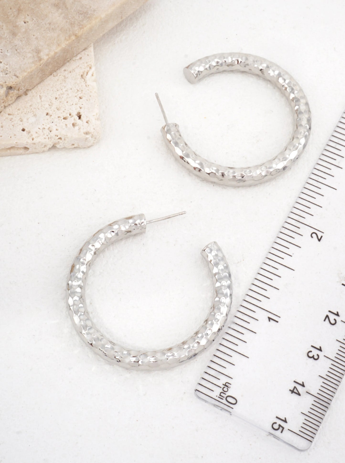 White Gold Dipped Hammered Open Hoop Earrings