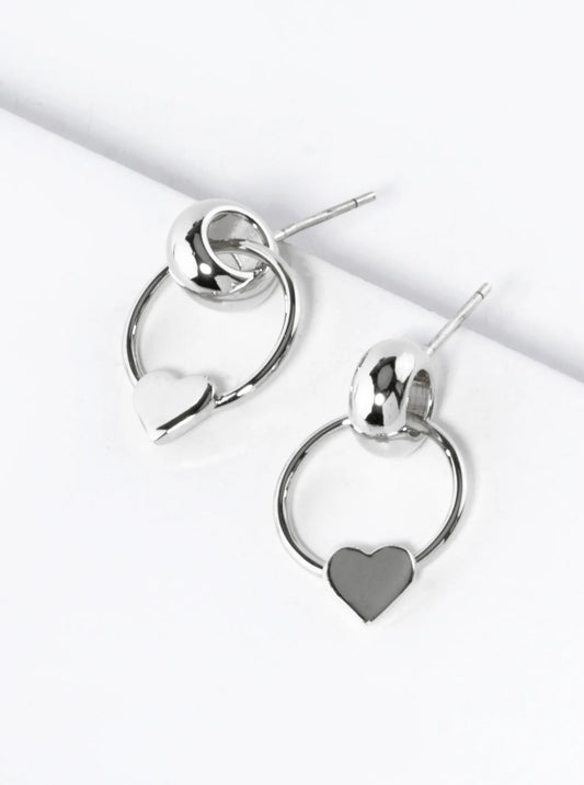 White Gold Dipped Heart Drop Door Knocker Post Earrings