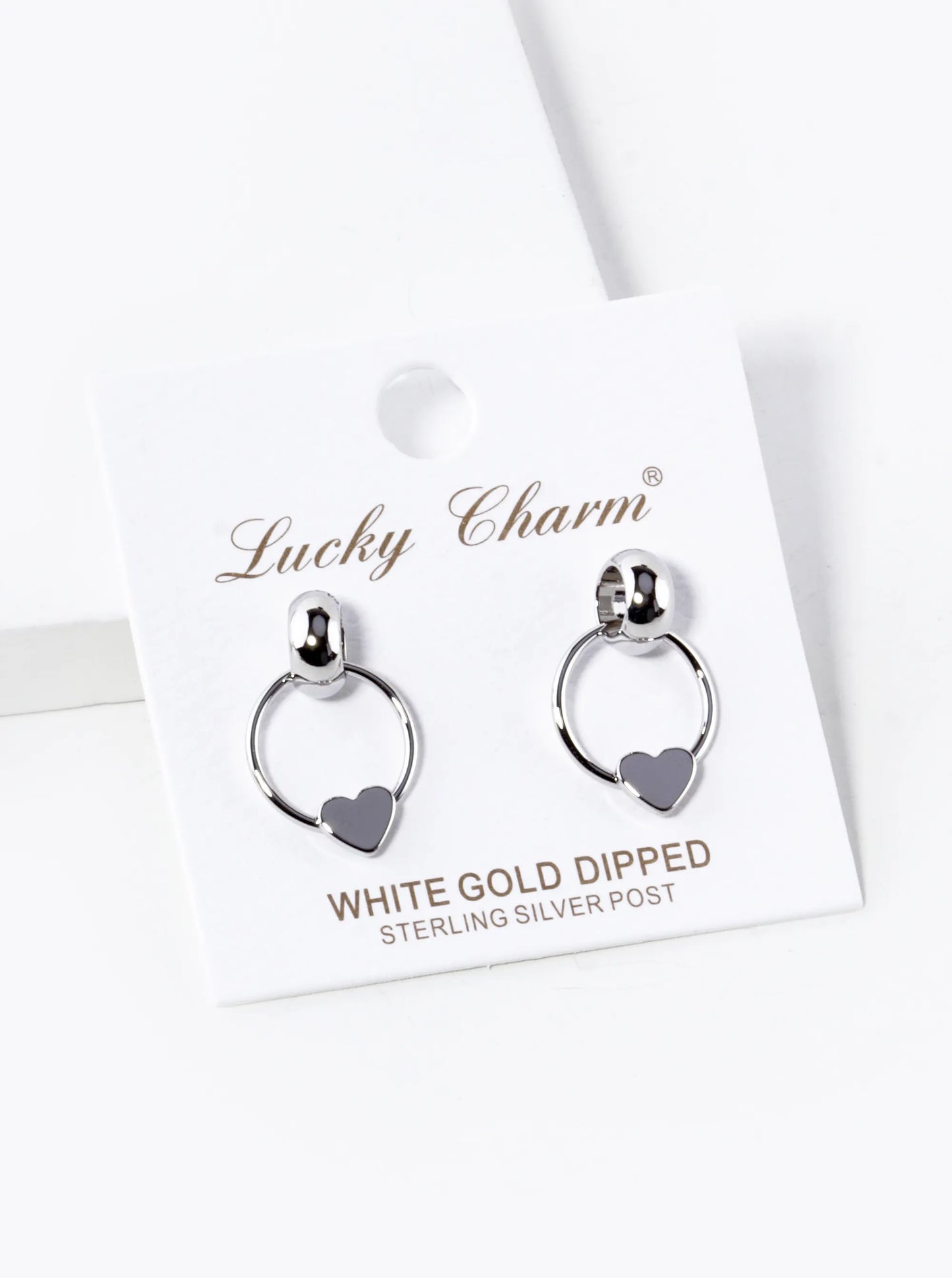 White Gold Dipped Heart Drop Door Knocker Post Earrings