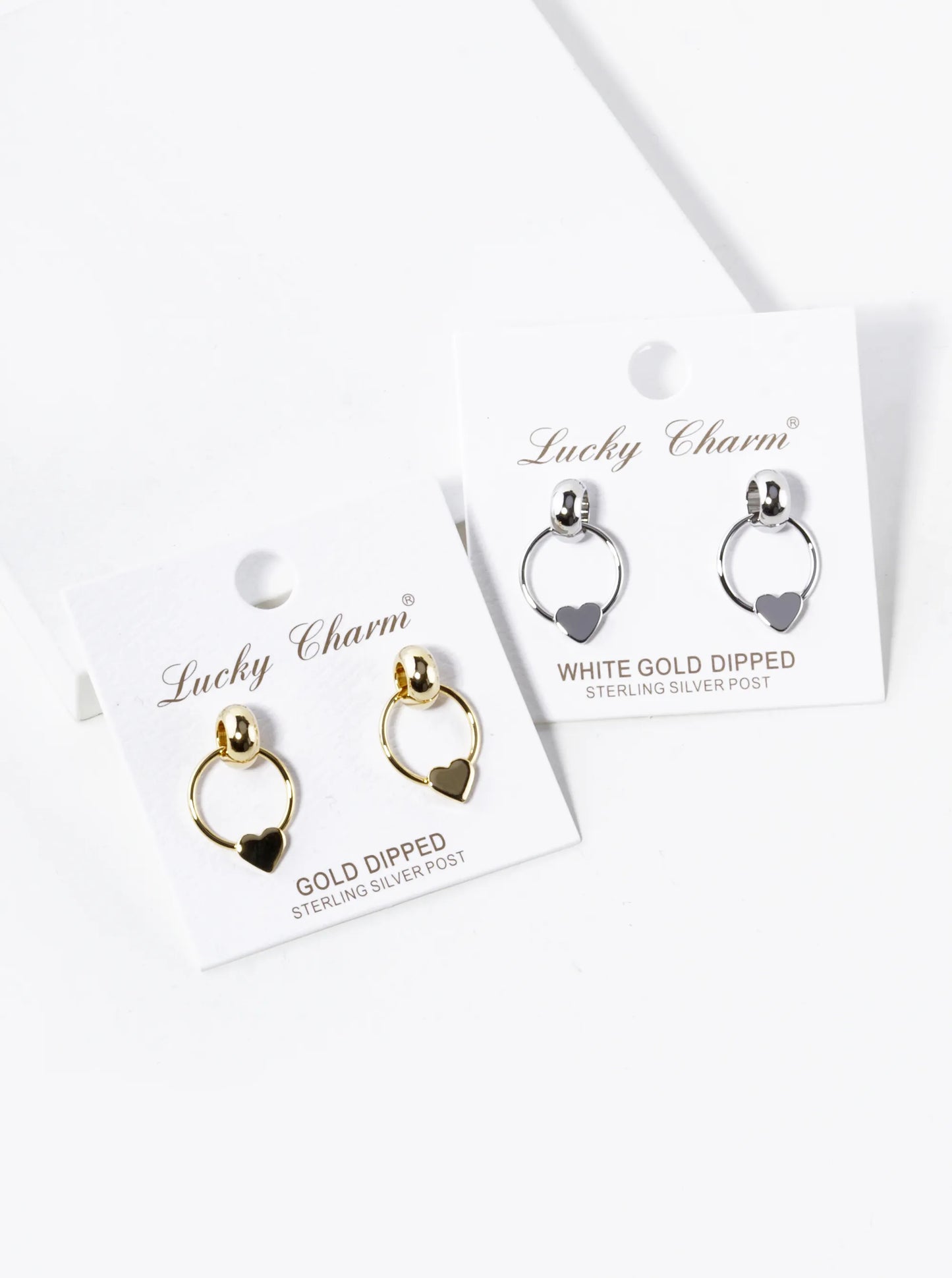 White Gold Dipped Heart Drop Door Knocker Post Earrings