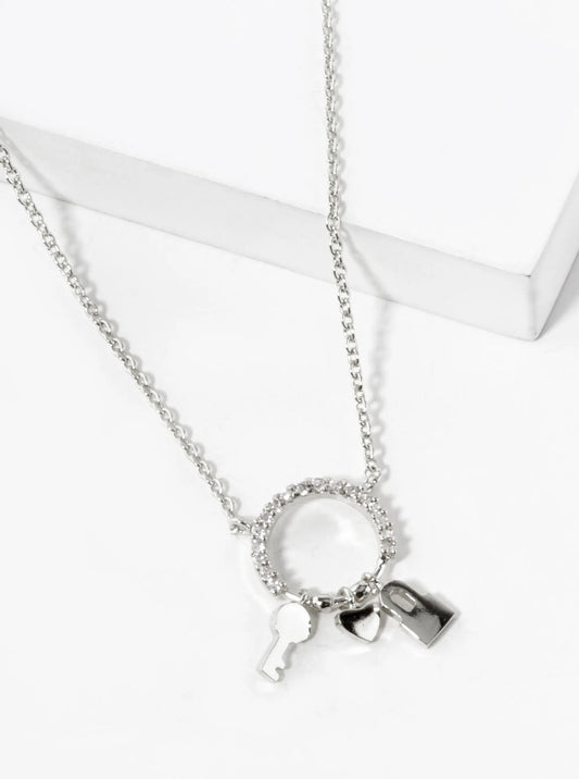 White Gold Dipped Heart Key And Padlock Drop CZ Pave Circle Pendant Necklace
