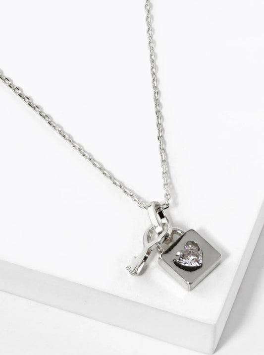 White Gold Dipped Heart Padlock With CZ Stone Pendant Necklace