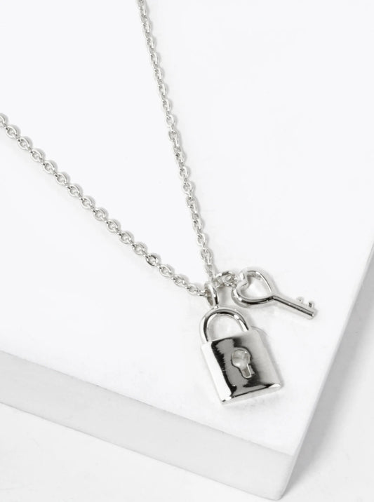 White Gold Dipped Heart Shaped Key And Padlock Pendant Necklace