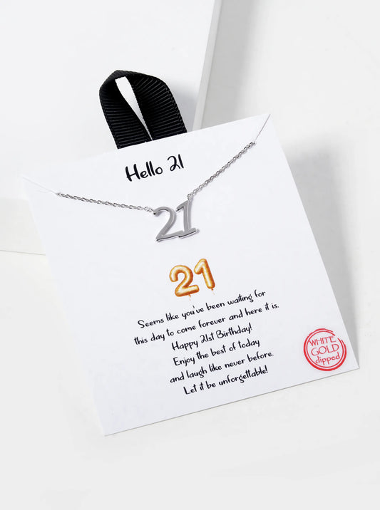 White Gold Dipped Hello 21 Pendant Necklace