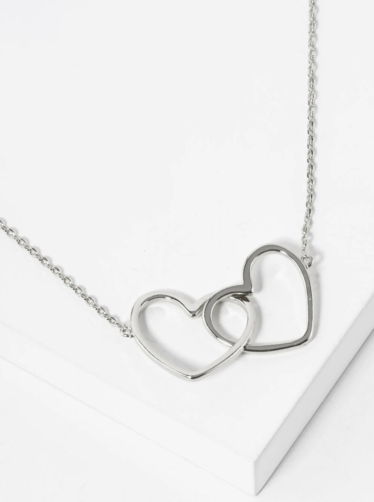 White Gold Dipped Interlocking Two Wire Hearts Pendant Necklace