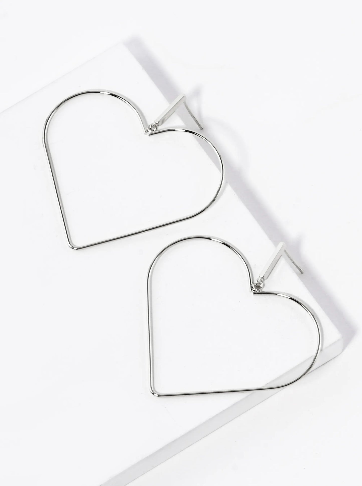 White Gold Dipped Large Wire Heart Drop Dangle Post Earrings