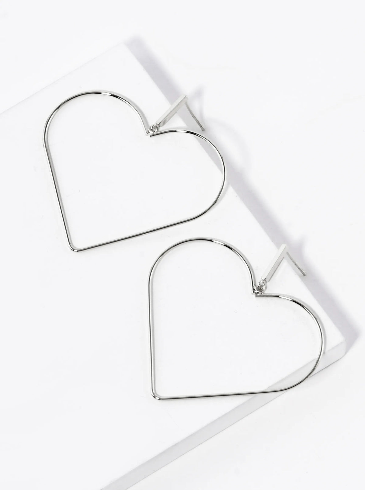 White Gold Dipped Large Wire Heart Drop Dangle Post Earrings
