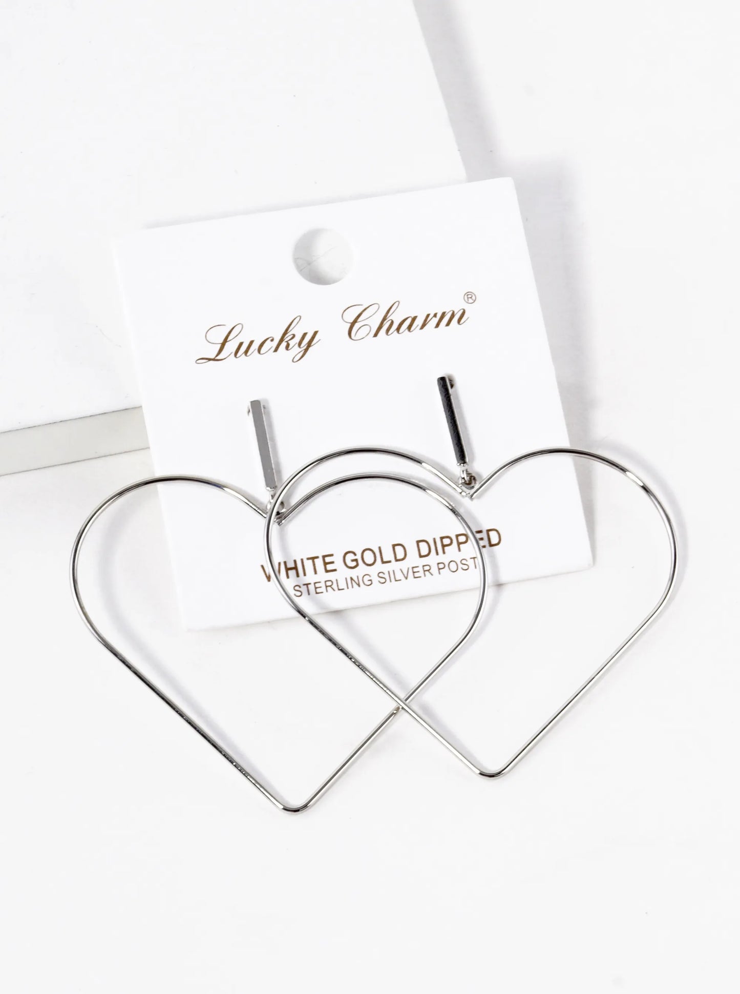 White Gold Dipped Large Wire Heart Drop Dangle Post Earrings