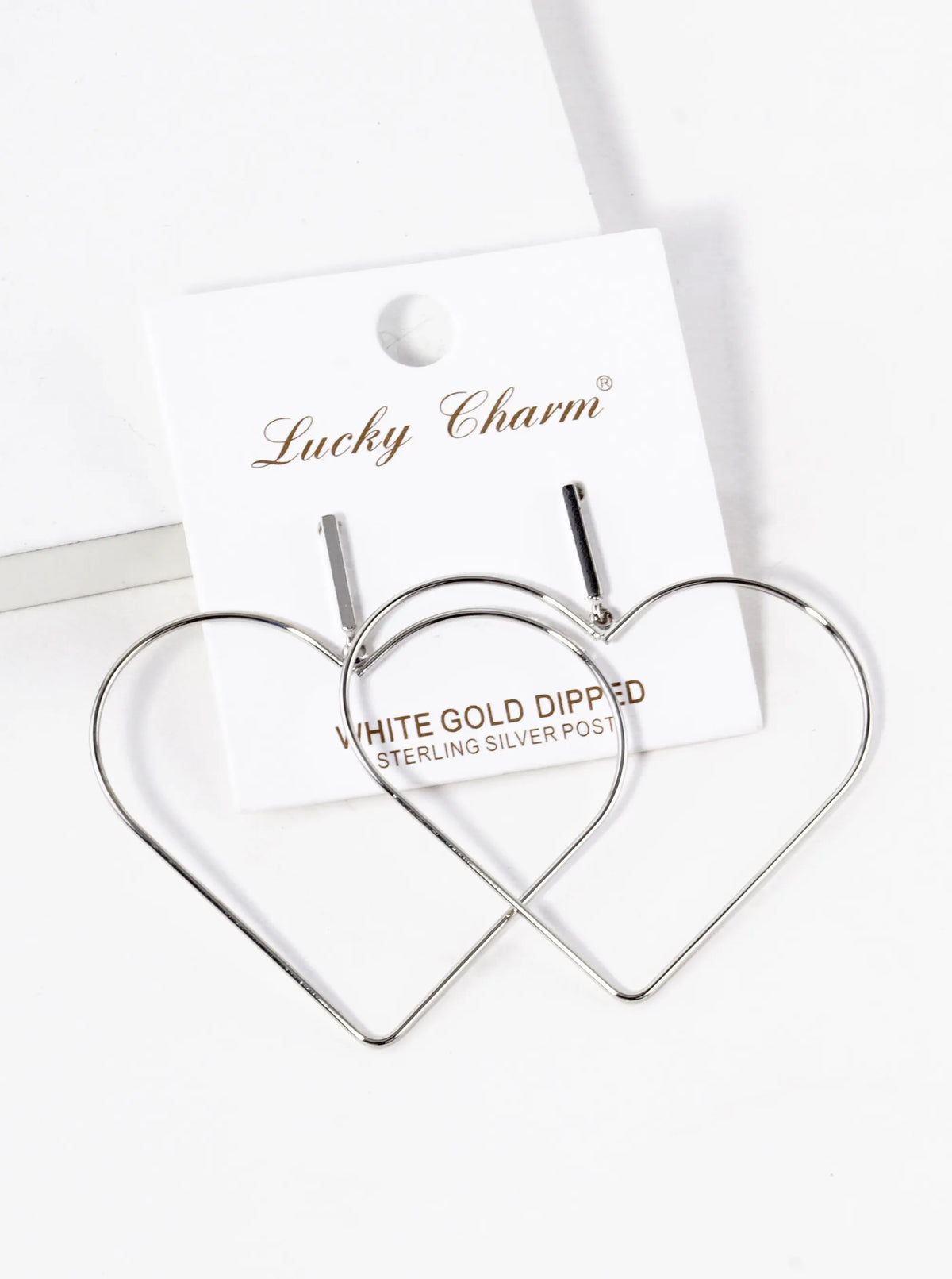 White Gold Dipped Large Wire Heart Drop Dangle Post Earrings