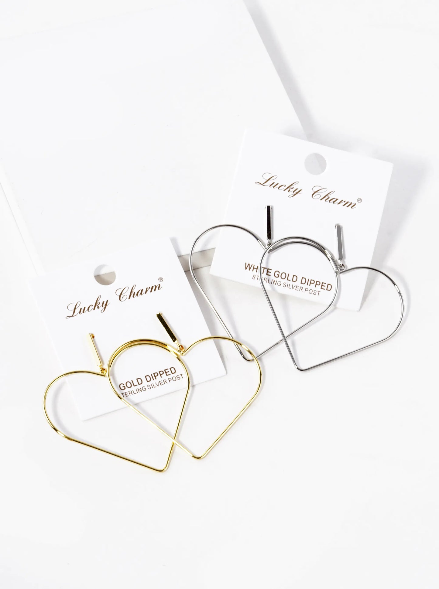 White Gold Dipped Large Wire Heart Drop Dangle Post Earrings